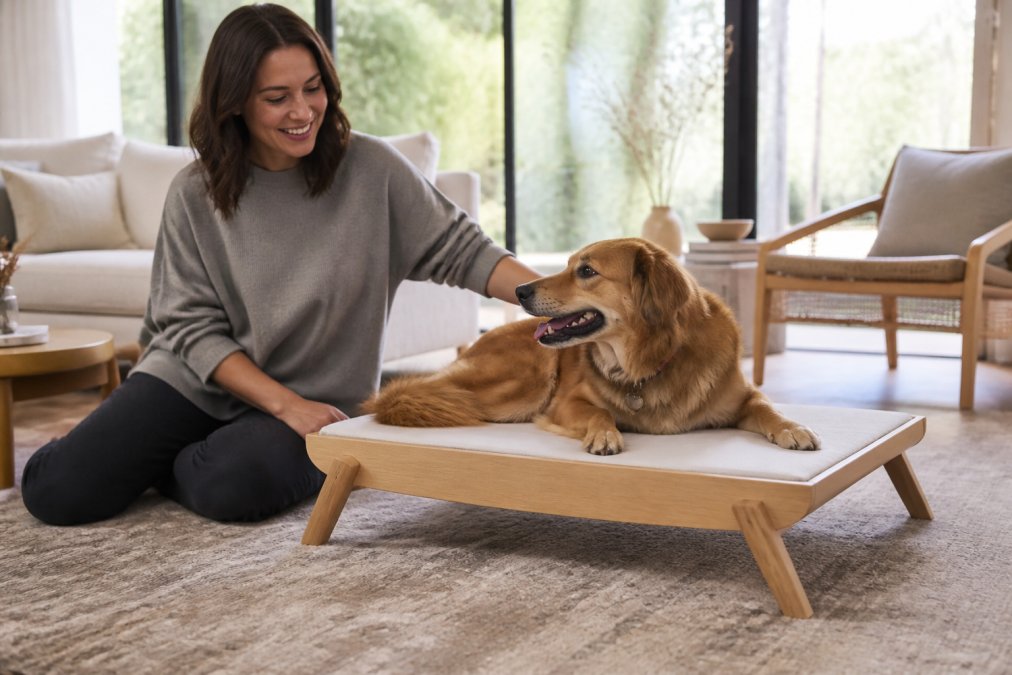 A medium-sized dog resting on a raised white oak pet lounger in a bright, minimalist living room with large windows and neutral-toned furniture
