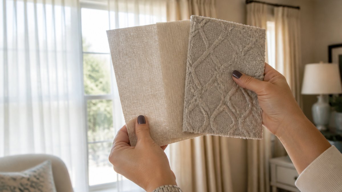 Hands comparing flax and patterned fabric swatches against a sunlit window to evaluate drape and light filtering.
