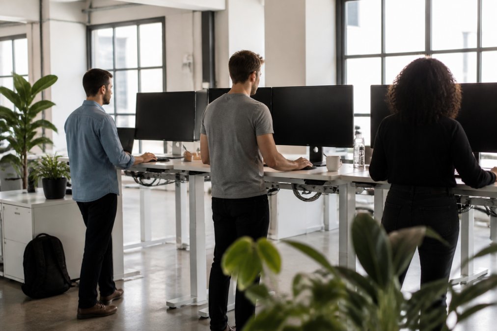 Development team of three software engineers working at standing desks with multiple monitors displaying code repositories, design interfaces, and testing dashboards in a bright office with collaborative workspace setup