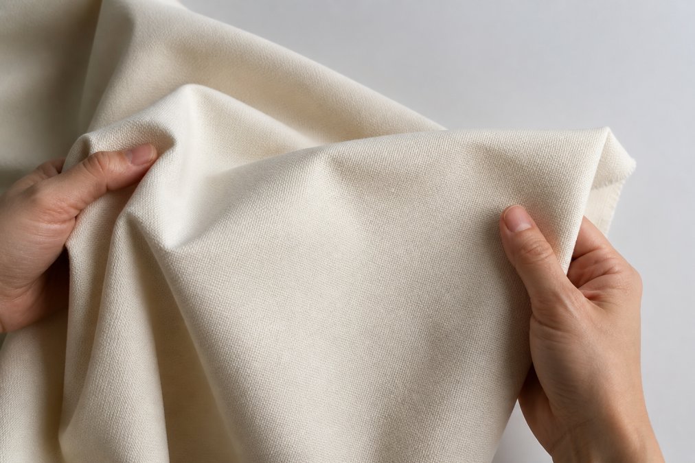Hands holding a fabric sample against a neutral background, demonstrating the natural flow and movement of draped material with soft lighting highlighting texture and fold definition