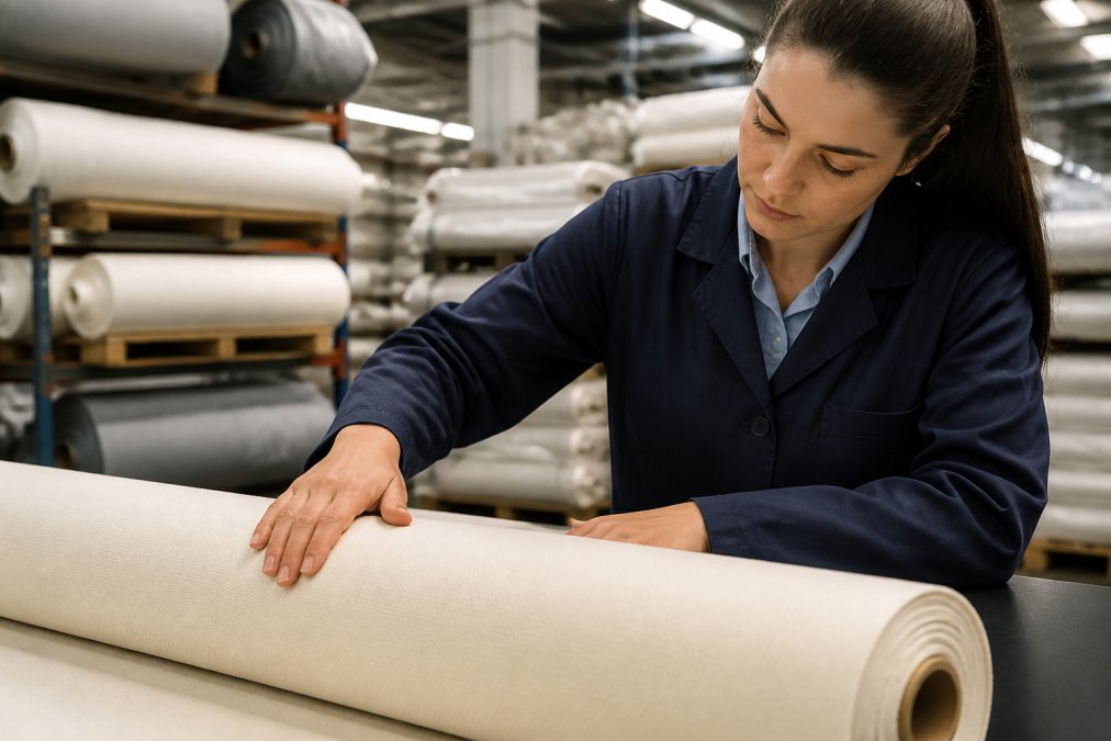 Quality control technician in professional attire examining a fabric roll under bright overhead lighting, using hands to check for texture consistency, color uniformity, and potential weaving defects