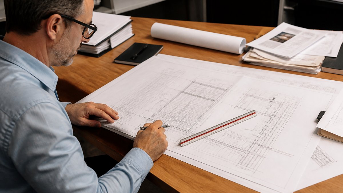 Professional architect reviewing printed facade shop drawings on desk with ruler and pen, examining scaled elevation and section views in natural office lighting