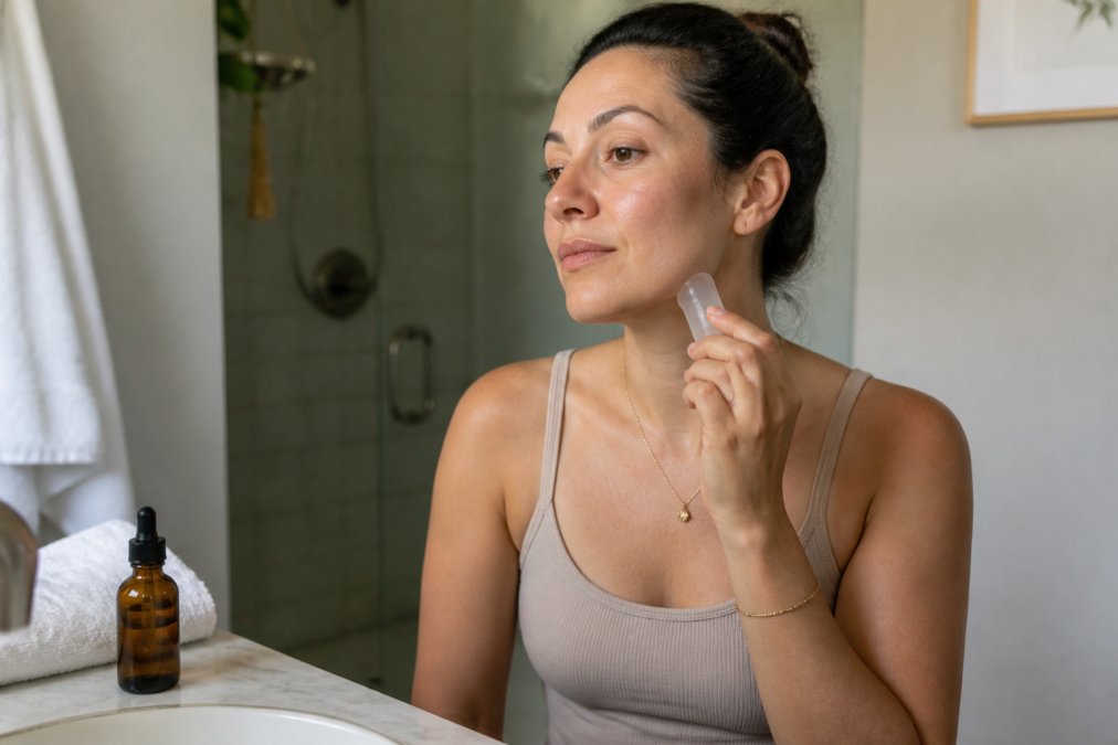 A woman in her thirties applying a small silicone facial cupping tool to her jawline in a softly lit bathroom, with a small bottle of facial oil and a clean towel on the counter beside her
