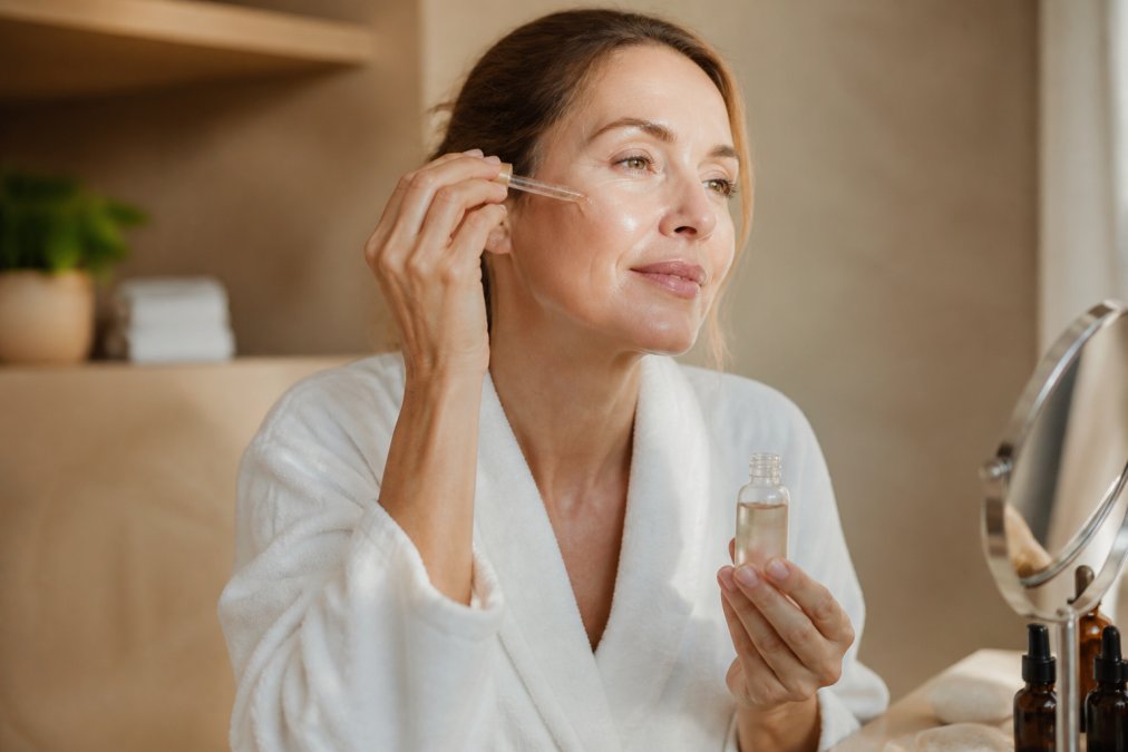 Woman's hands demonstrating proper skincare layering technique, applying hyaluronic acid serum to clean, damp face in soft morning light, followed by facial oil application to seal in moisture