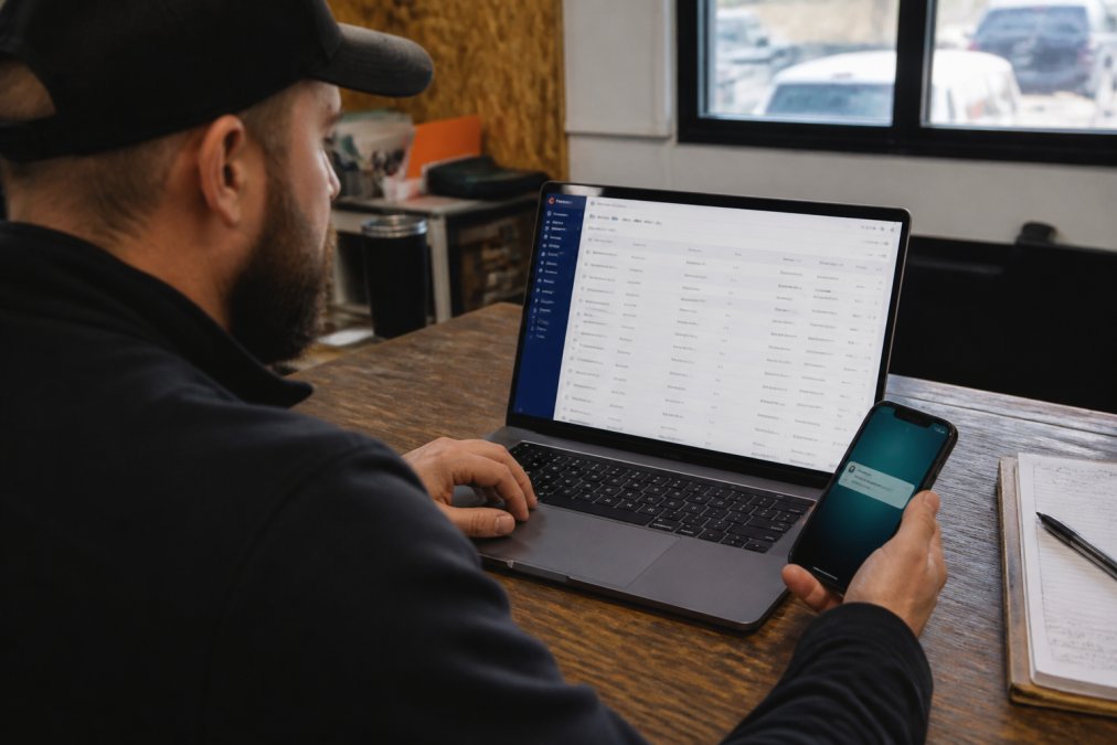 Home service contractor at desk reviewing lead information on a laptop screen with CRM dashboard visible, smartphone showing incoming lead notification nearby