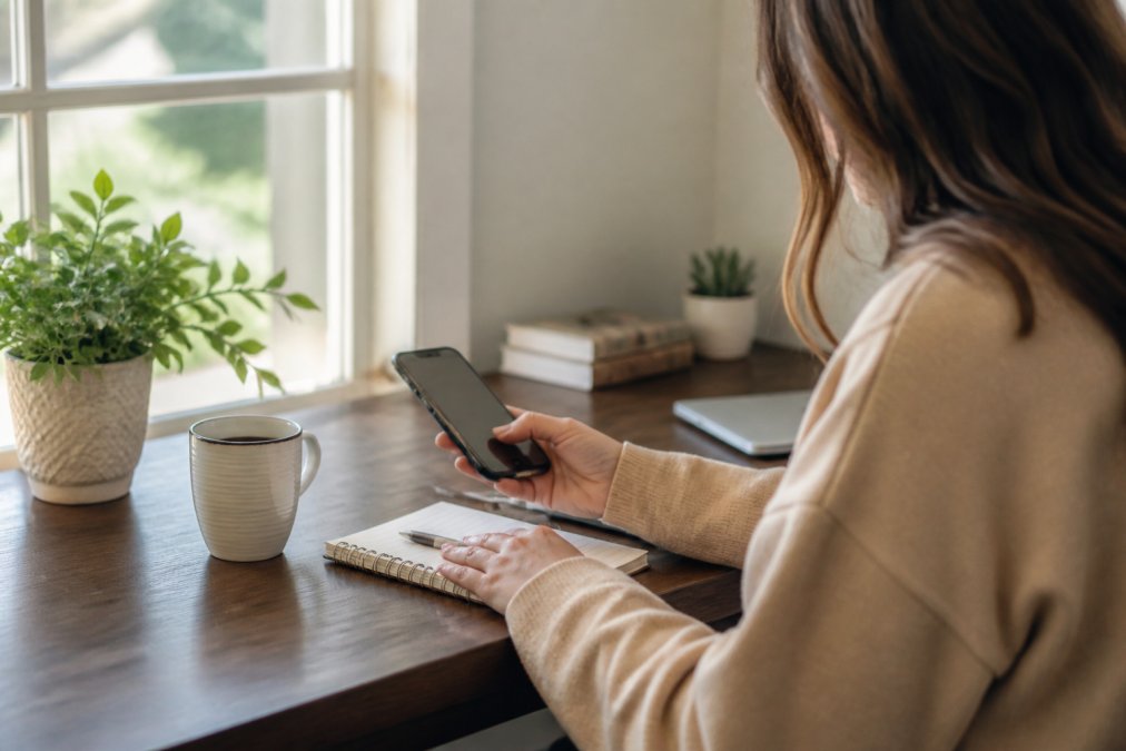 Woman at desk with smartphone and laptop reviewing content and affiliate links, coffee cup and notepad visible, natural daylight streaming through window