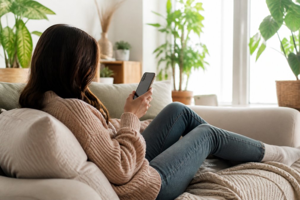 Person relaxing at home checking phone notifications and earnings dashboard on smartphone, comfortable setting with plants and natural light