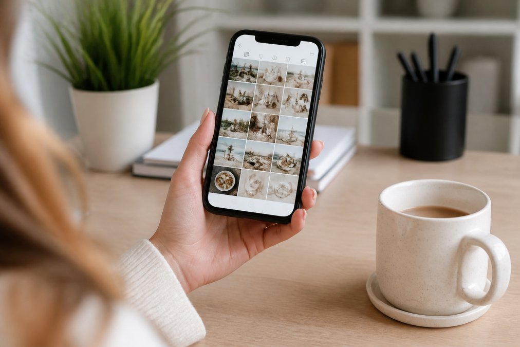 Smartphone grid layout showing a cohesive aesthetic for a faceless Instagram account in a bright home office.