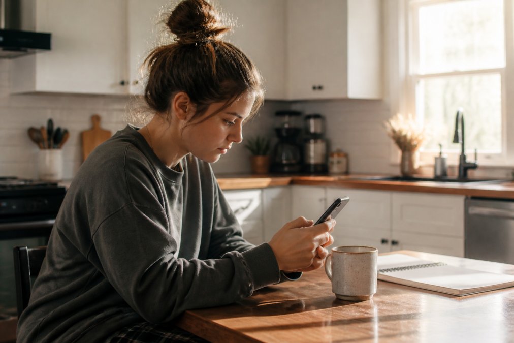 Woman working on her smartphone at a kitchen table during early morning with a coffee cup nearby, focused on content curation with natural window lighting