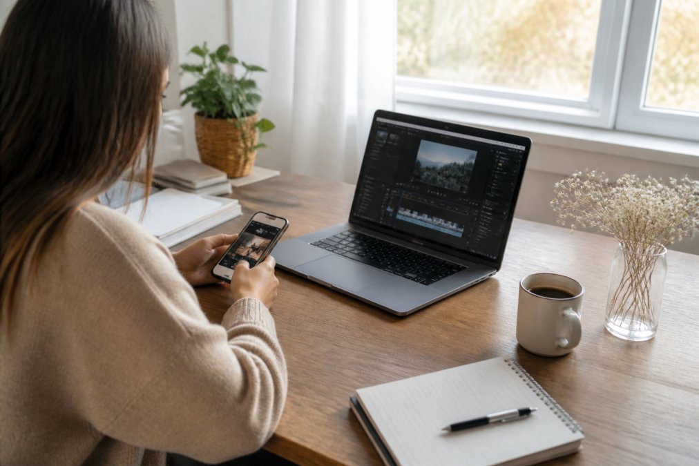 A young woman sitting at a tidy desk with a smartphone, editing a video using a laptop, coffee cup nearby, bright natural light coming through a window