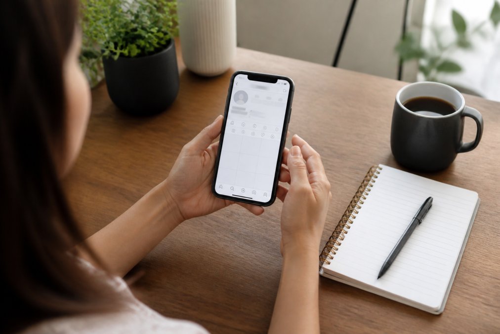 A woman's hands holding a smartphone displaying an Instagram profile setup screen, with a notebook and coffee cup on a wooden desk beside her, warm natural morning light