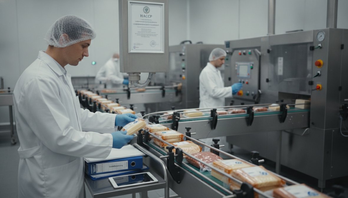 Fachkraft für Lebensmittelsicherheit werden: Person im Kittel kontrolliert Produkte an einer modernen Produktionslinie