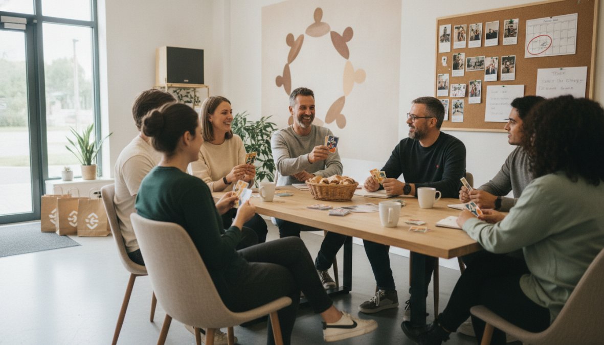 Ein fröhliches Einzelhandelsteam bei einer Teambesprechung, um den Fachkräftemangel im Einzelhandel durch Zusammenhalt zu ...