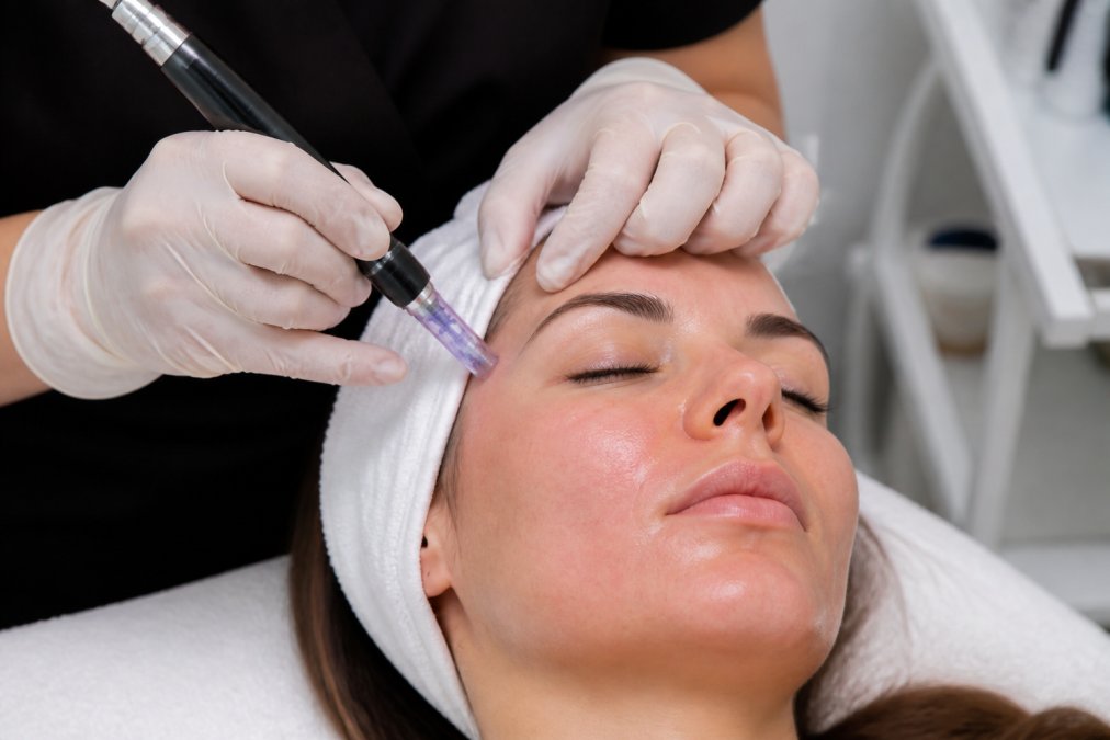 Professional using advanced microneedling device on client's face in clinical setting, showing controlled technique with visible skin texture and professional environment