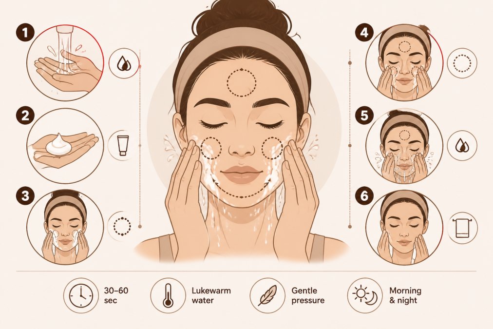 Close-up of hands demonstrating proper face washing technique with water and cleanser, showing gentle circular motions across the face with soft, diffused lighting