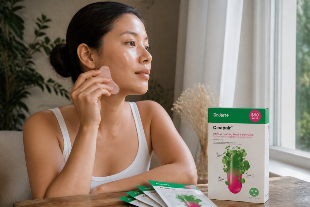 Woman gently using a rose quartz gua sha tool on her face with serum, demonstrating proper technique with light pressure along the jawline in natural window lighting