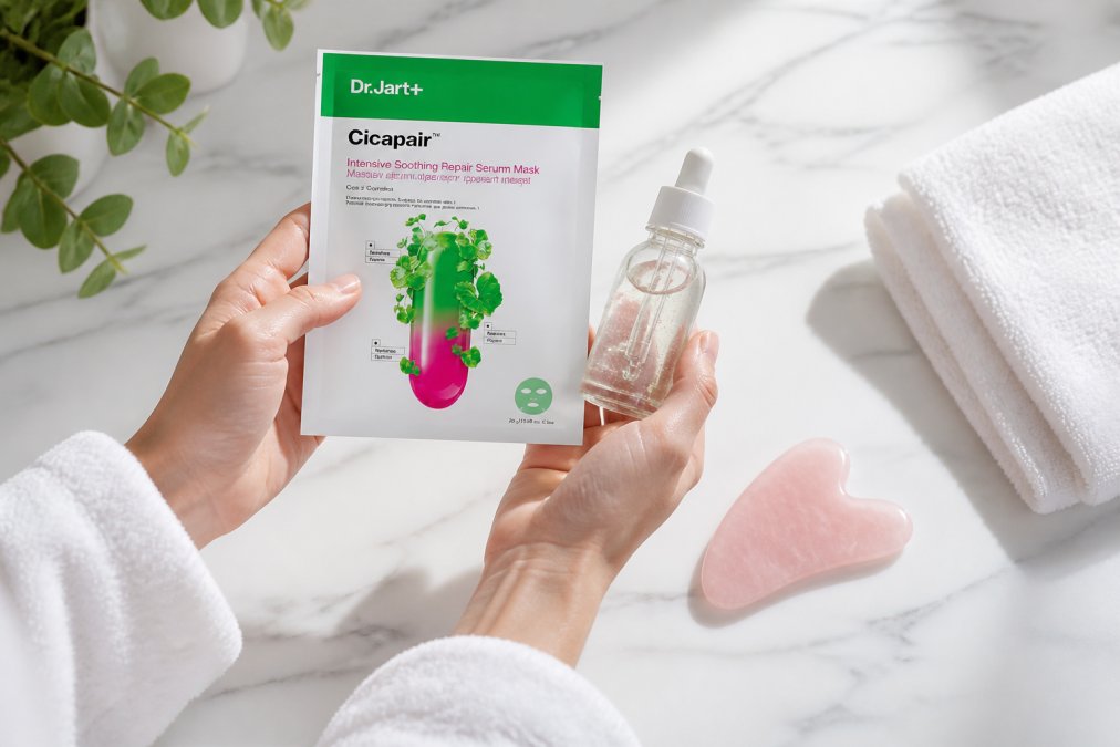Close-up of hands holding a Centella Cica sheet mask and Hyaluronic Acid serum bottle next to a rose quartz gua sha tool on a clean white marble surface with soft natural light