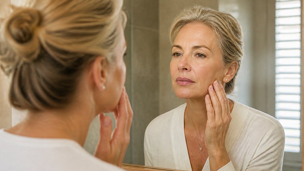 Woman in her 50s examining her profile in a mirror while considering facial fillers for skin rejuvenation