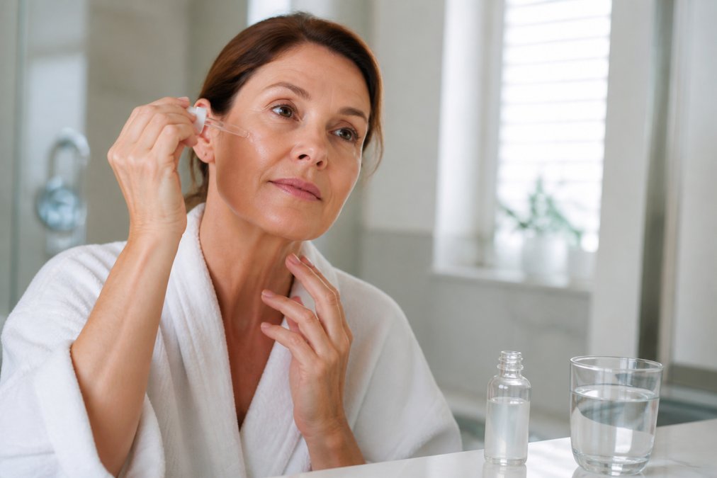 A woman in her 40s applying a drop of clear hyaluronic acid serum to her damp face in a bright bathroom, with the bottle and a glass of water visible on the counter