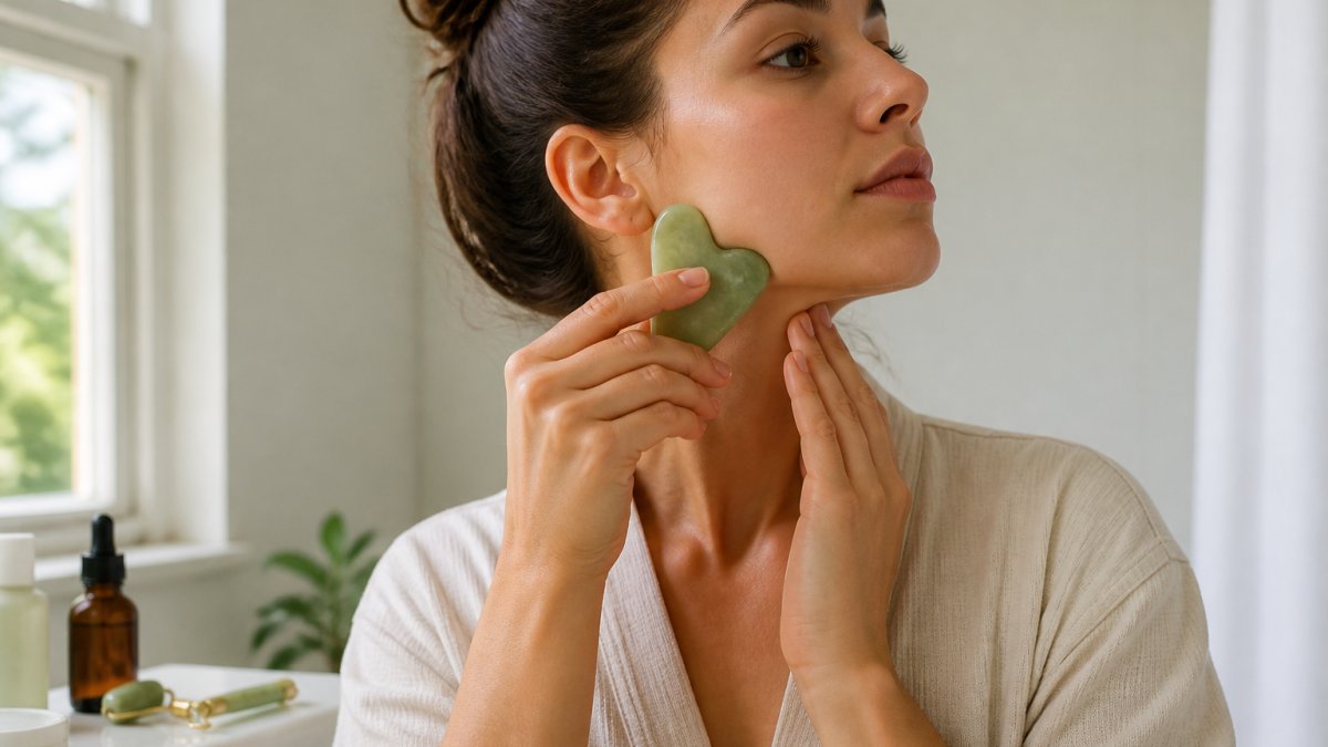 Woman using a gua sha tool on her jawline and cheek with gentle upward strokes, holding the tool at a 45-degree angle against her skin in natural morning light