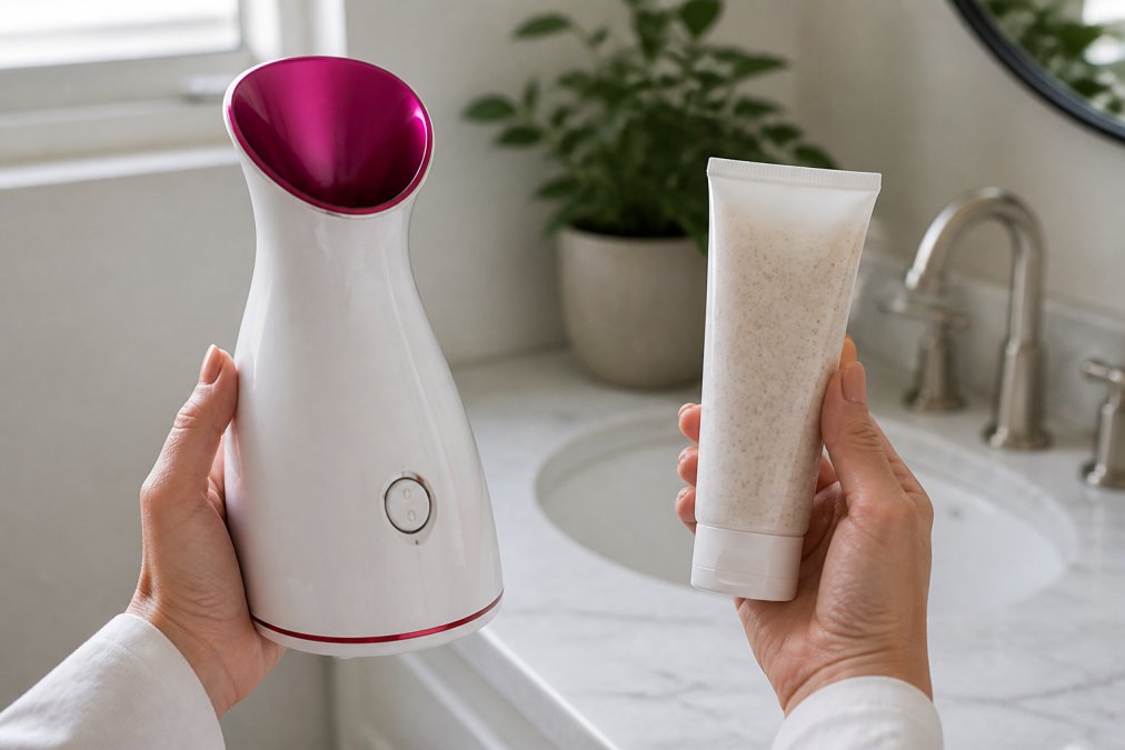 Woman holding a facial steamer vs exfoliating scrub for blackheads in a bright, clean bathroom setting