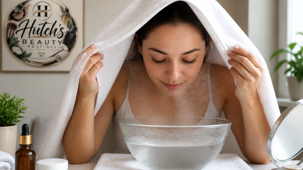 Person leaning over a steaming bowl with a towel draped over their head, face positioned at safe distance from the steam, showing proper posture and setup