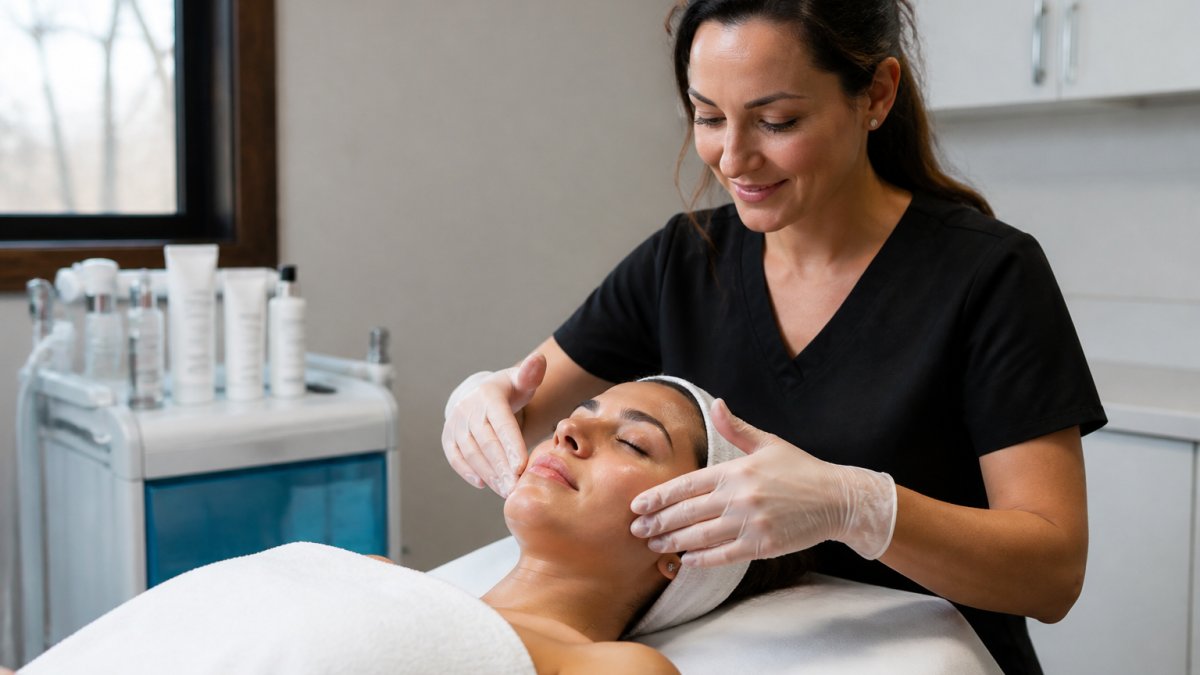 Licensed esthetician performing a relaxing facial massage during a session for those searching for facials near me.