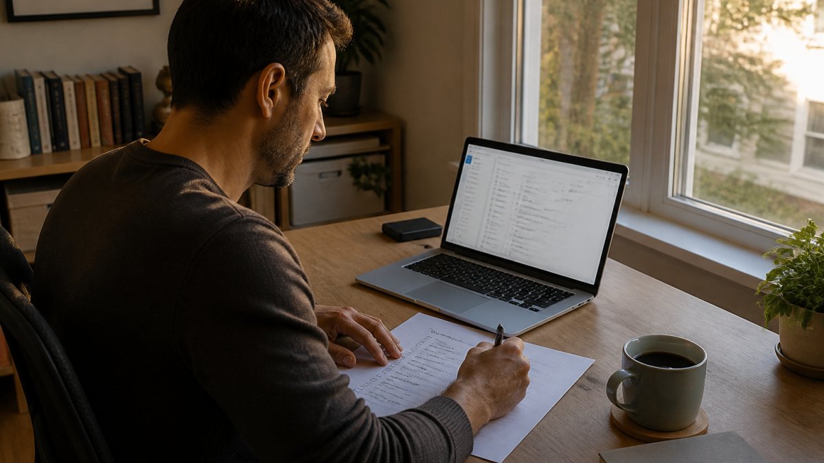 A freelance consultant at a tidy desk with a laptop open to a task management app, a printed checklist and pen beside it, coffee mug, and a window showing late afternoon light in a home office