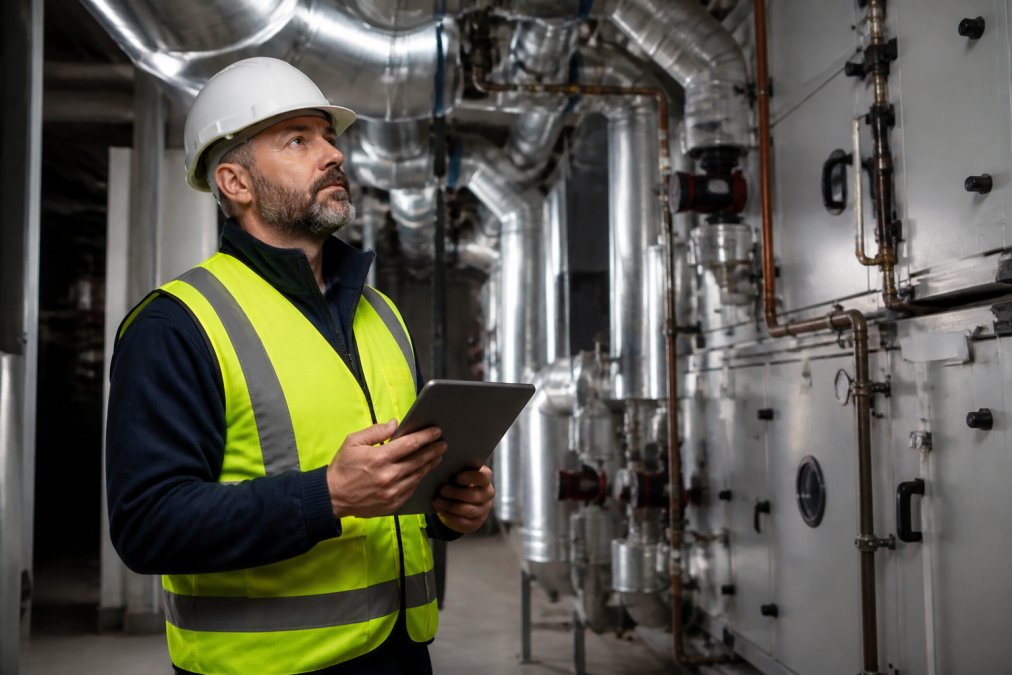 A facilities manager in a hard hat and safety vest holding a tablet while inspecting a commercial building's mechanical room, pipes and HVAC equipment visible in the background