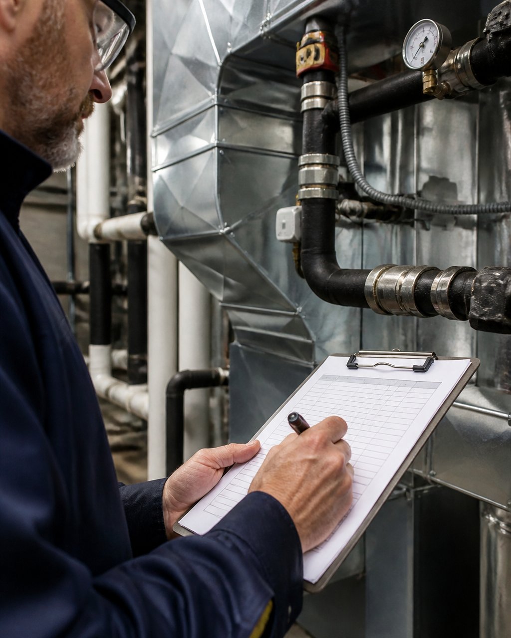 Professional facility manager conducting hands-on inspection of HVAC mechanical equipment in a commercial building basement utility room, clipboard in hand, examining ductwork and piping connections under fluorescent lighting