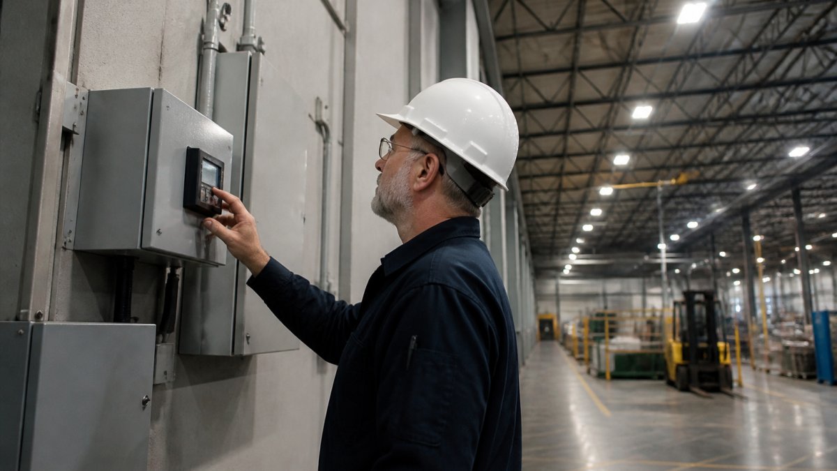 Facility manager analyzing real-time energy performance data on a building management system display