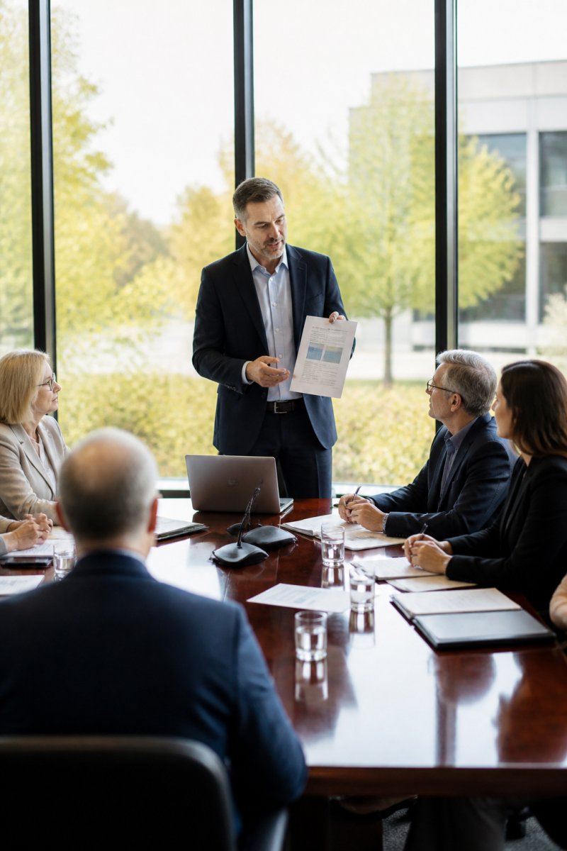 A facilities director standing at the head of a polished conference table, presenting a printed audit summary to a seated board of directors, laptop open behind them showing a dashboard, warm afternoon light through tall windows
