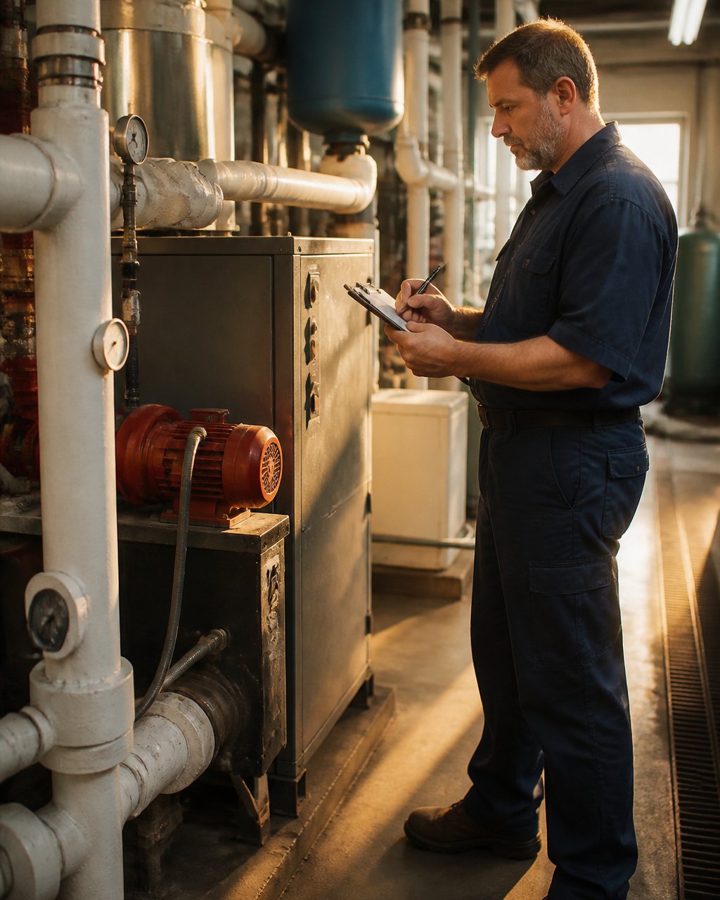 Facilities team members conducting a building inspection in a school mechanical room, reviewing equipment with a clipboard and inspection checklist, professional setting with industrial lighting