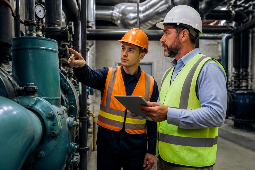 A facility engineer mentors a junior technician, embodying the transition toward facility management leadership.