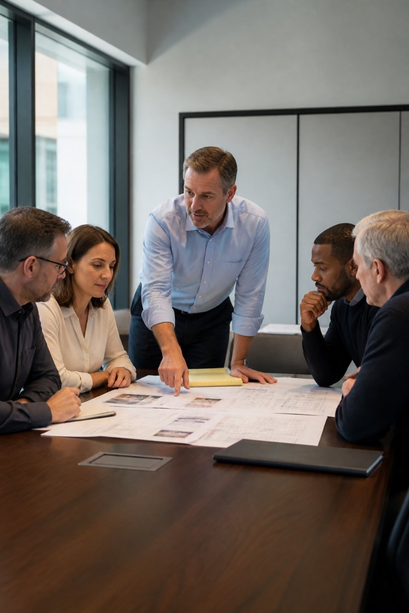 Facility operations director leading a strategic planning meeting with team members reviewing facility performance metrics and capital project timelines on a conference table in modern office
