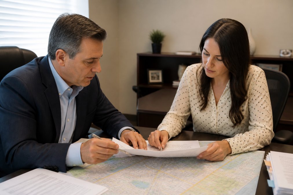 Insurance agent reviewing policy documents with a customer at a desk, with a map or location reference visible in the background
