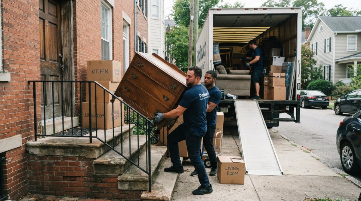 Factors Affecting Moving Company Quotes: A 2026 Guide 1 Moving truck being loaded with household items and boxes, showing movers carrying furniture up exterior stairs during daytime, illustrating the physical labor and access challenges that drive labor costs