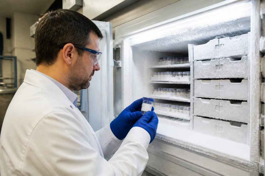 Professional researcher storing peptide vials in a temperature-controlled ultra-low freezer with organized compartments and frost-covered shelves, examining storage labels under laboratory lighting
