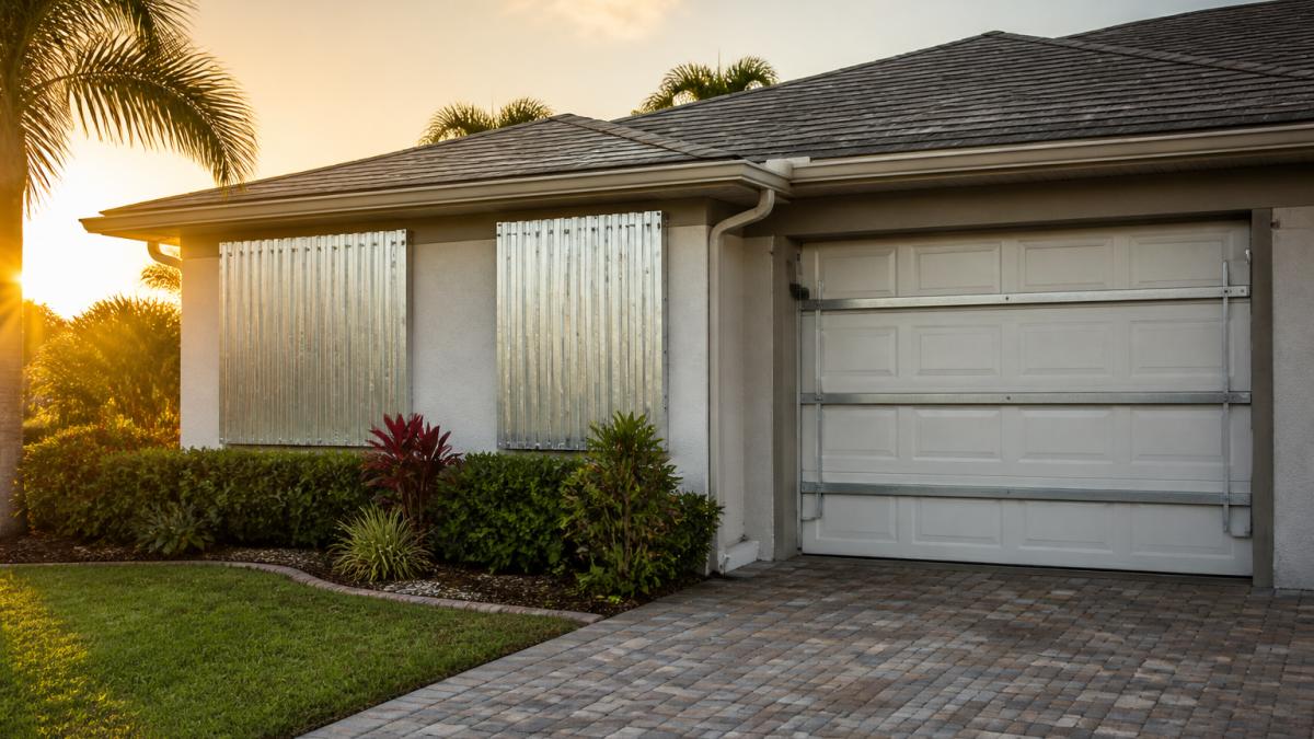 Florida residential home with storm shutters installed and reinforced garage door, showing hurricane preparedness measures during late afternoon golden hour