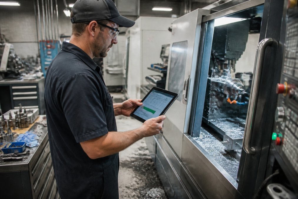 A manufacturing engineer in a small machine shop stands next to a running CNC machine, holding a tablet that displays live production data and job status, with cool overhead lighting and chips on the floor