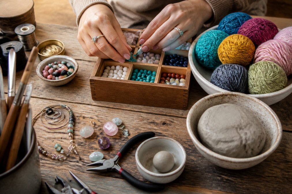 Close-up of hands arranging colorful craft supplies including beads, yarn, pottery clay, and jewelry-making tools on a wooden workspace