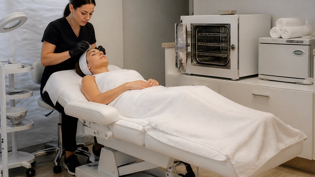 Esthetician performing a facial treatment on a hydraulic bed near a sterilizer and a hot towel warmer