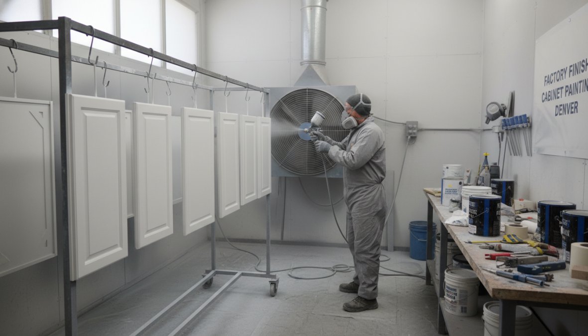 A professional painter in full protective gear and respirator using an HVLP spray gun to apply a smooth white coat to cabinet doors hung on a metal rack inside a controlled spray booth, with bright overhead lighting and a clean, dust-free environment