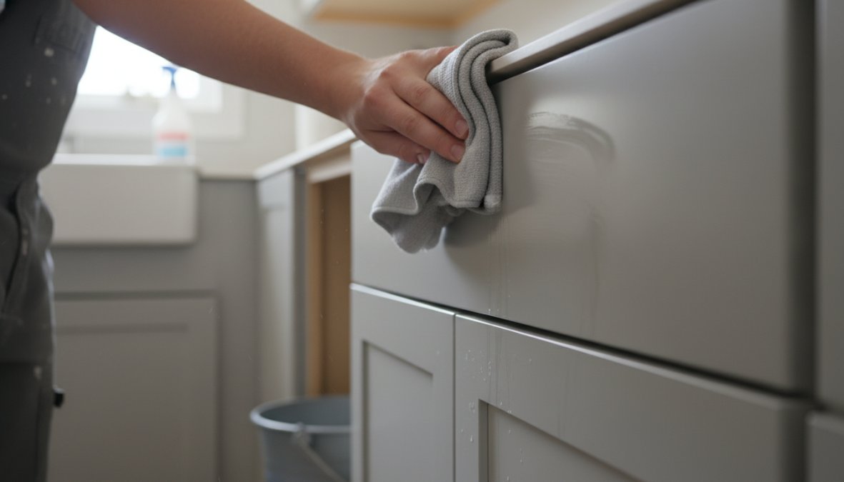 Close-up of a homeowner gently wiping down freshly painted white kitchen cabinet doors with a soft microfiber cloth, the smooth surface reflecting kitchen light evenly in a bright modern kitchen with clean countertops visible in the background