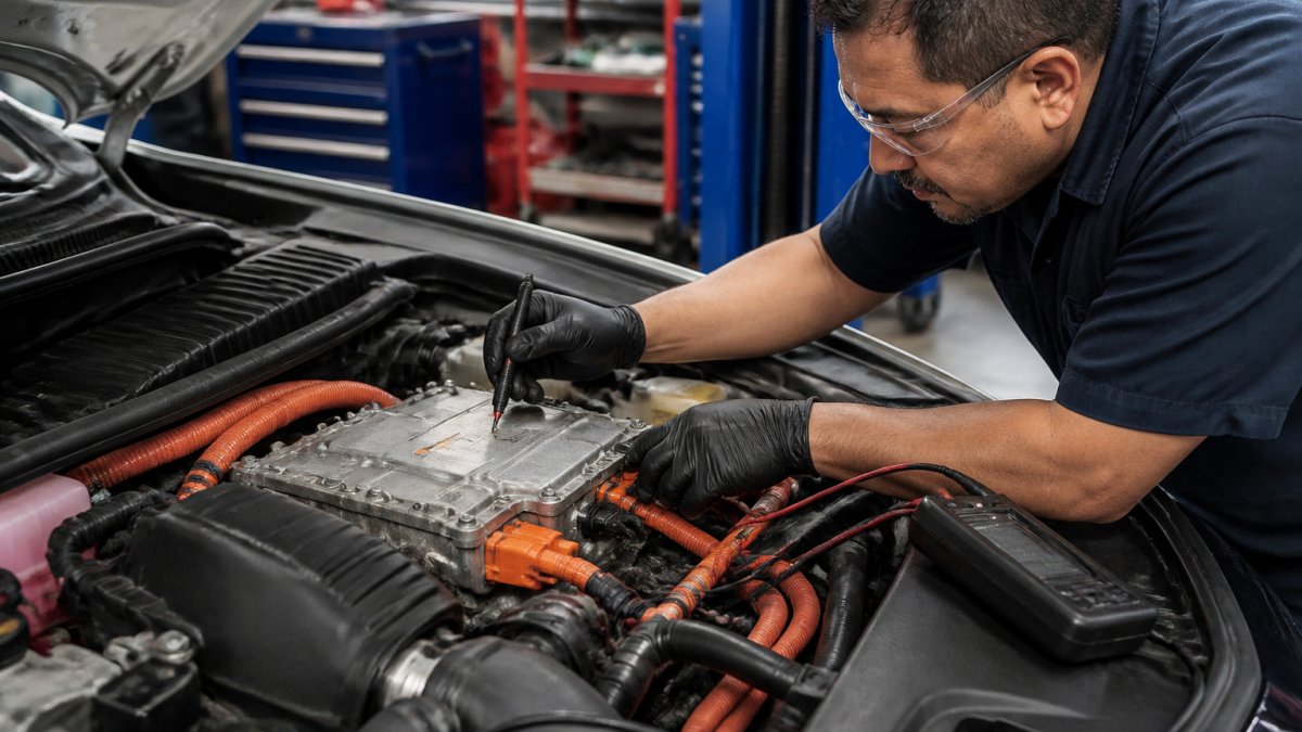 Professional technician performing comprehensive inspection of hybrid battery system under vehicle hood, examining high-voltage connectors, cooling lines, and battery case with diagnostic scanning equipment visible on workbench