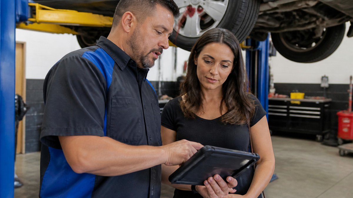 Service advisor showing digital factory maintenance inspection photos to a customer on a tablet
