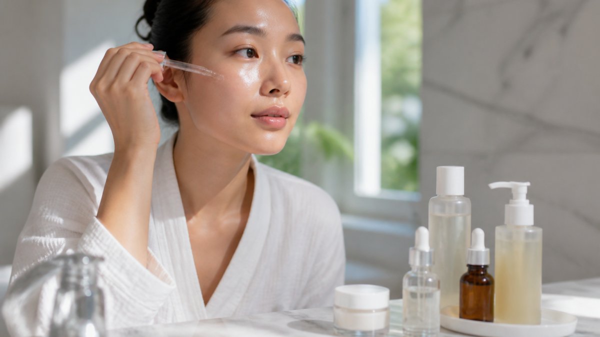 Person applying lightweight serum to cheek during morning skincare routine, with glass bottles and cream jars arranged on marble bathroom counter in natural morning light