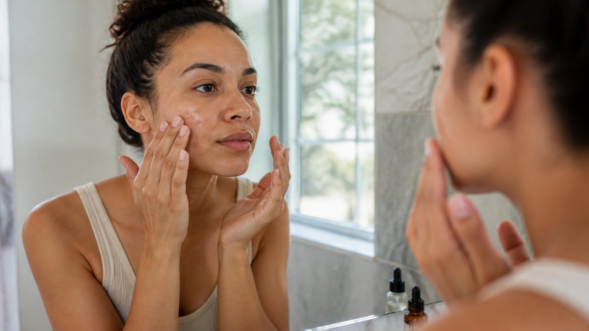 Person applying a light serum or treatment product to their face with fingertips, showing proper application technique in natural daylight near a bathroom mirror