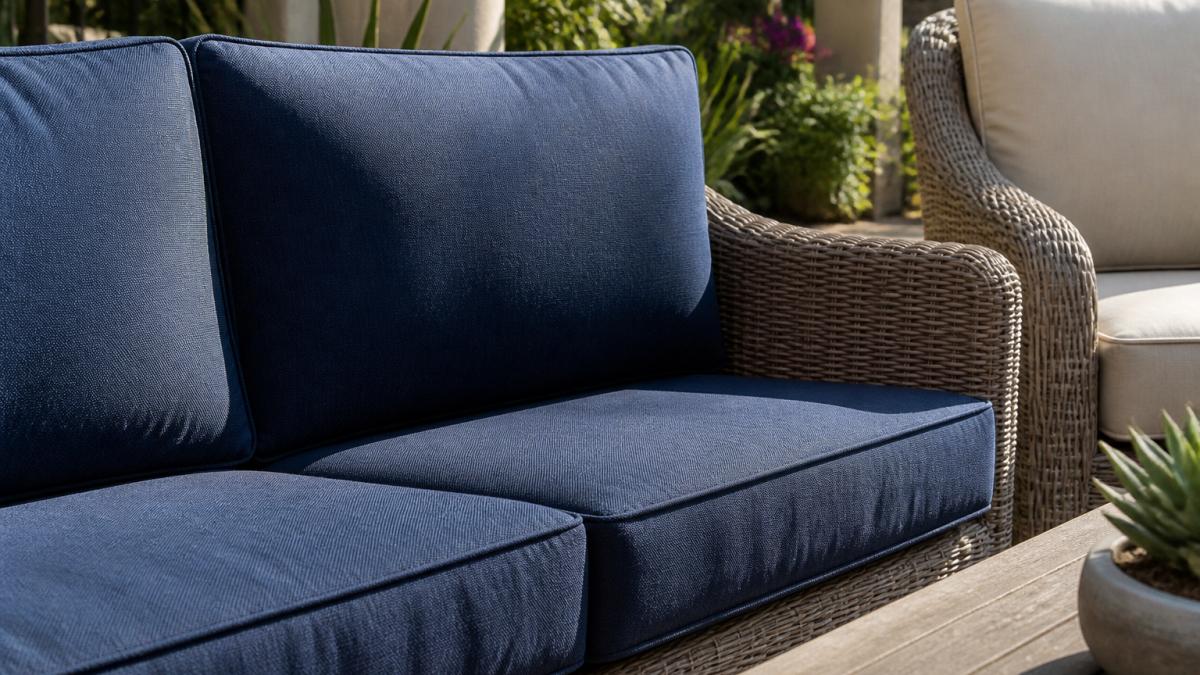Close-up of a sunlit patio sofa with deep blue cushions beside a woven wicker chair, showing fabric texture and color in bright afternoon light