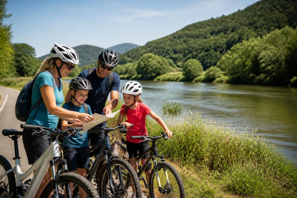 A family riding bicycles and e-bikes on a well-marked bike path along a river in a green, hilly landscape; sunny weather; a cheerful atmosphere